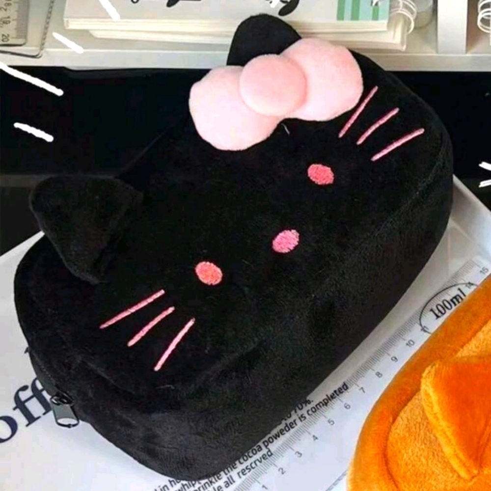 Cute black pink hello kitty oversized purse zipper pouch bag makeup pencil case